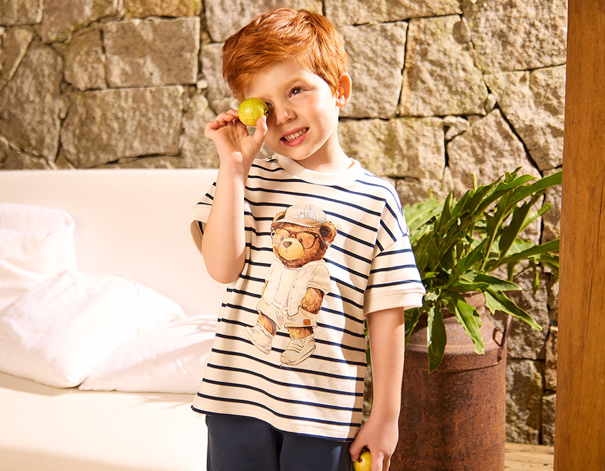 CONJUNTO LISTRADO CAMISETA  BERMUDA TEDDY SUMMER INFANTIL 7770
